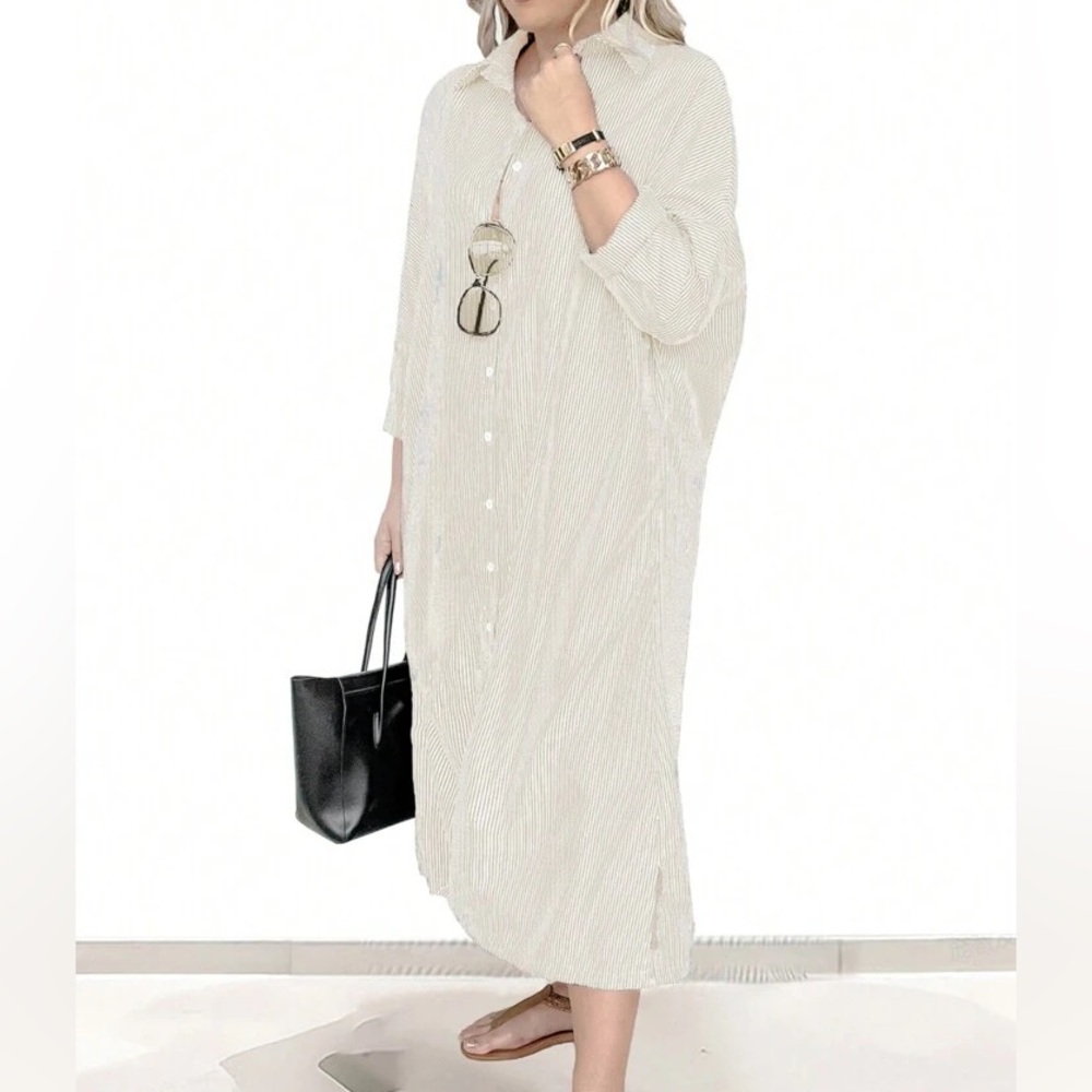 SHEIN LUNE Plus Size Women's Loose Vertical Striped Shirt Dress